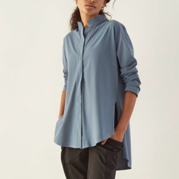 ADAY Something Borrowed Lake Blue Snap Button Down Hi Lo Slit Hem Cooling Shirt - Picture 1 of 9